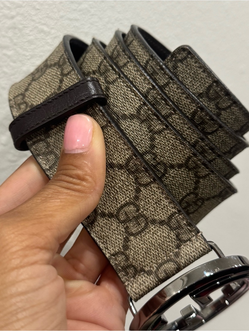 Gucci Beige Monogram GG Canvas Belt with Gunmetal Double G Buckle - Picture 2 of 5